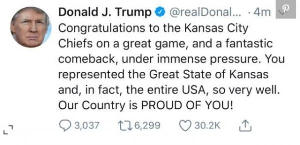 Трамп перепутал штаты США, поздравляя «Канзас-Сити» с победой в «Суперкубке»